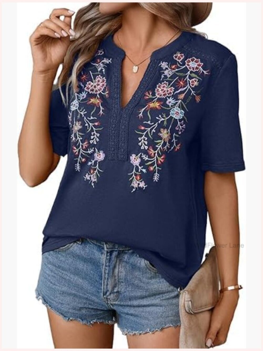 V Neck Boho Tunic Top Embroidered Floral Short Sleeve Tee